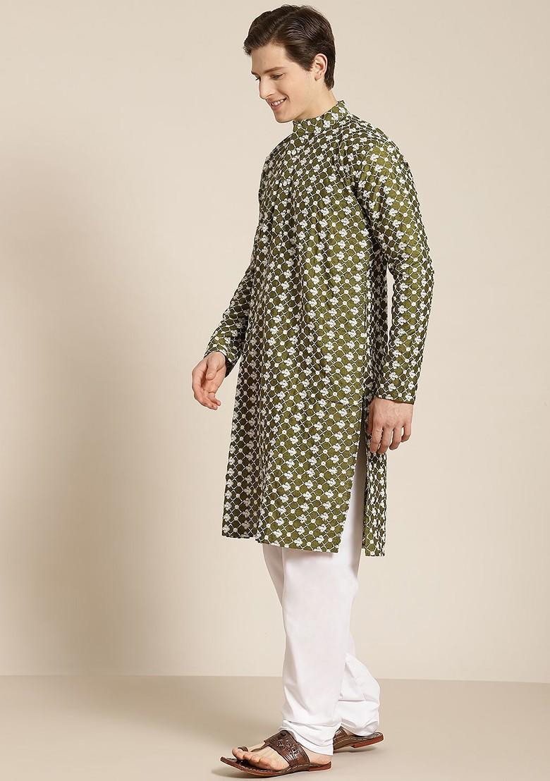 Green Embroidered Poly Blend Kurta Set For Men