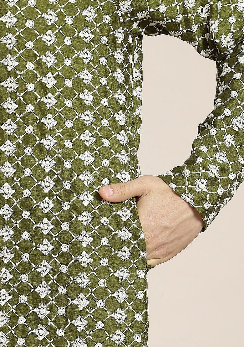 Green Embroidered Poly Blend Kurta Set For Men