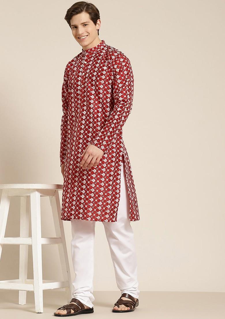 Maroon Embroidered Poly Blend Kurta Set For Men