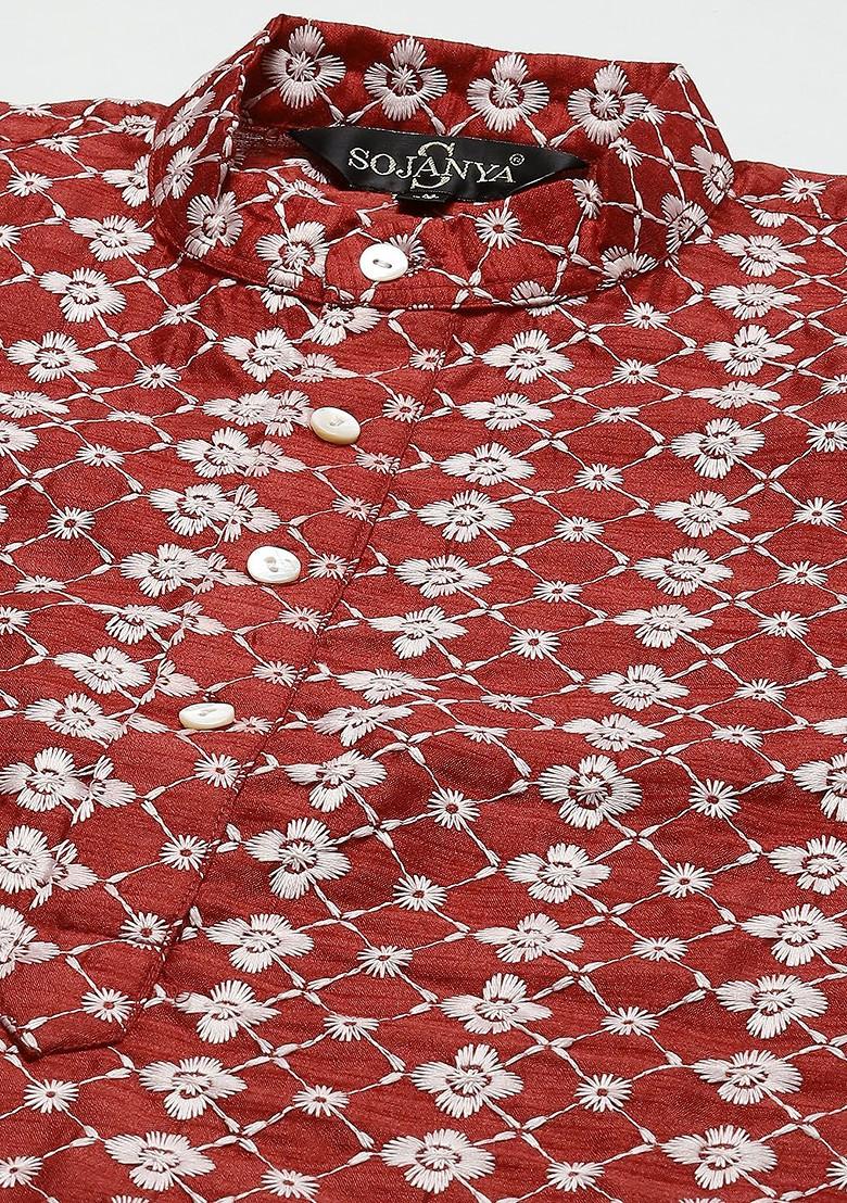 Maroon Embroidered Poly Blend Kurta Set For Men
