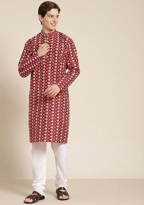 Maroon Embroidered Poly Blend Kurta Set For Men