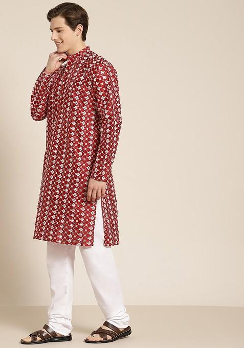 Maroon Embroidered Poly Blend Kurta Set For Men