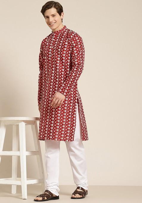 Maroon Embroidered Poly Blend Kurta Set For Men