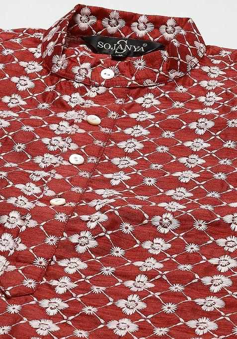 Maroon Embroidered Poly Blend Kurta Set For Men