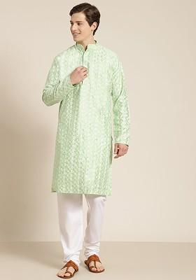 Sea Green Embroidered Poly Blend Kurta Set For Men