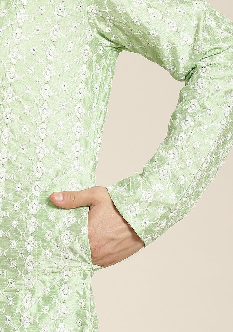 Sea Green Embroidered Poly Blend Kurta Set For Men