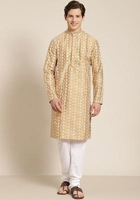 Gold Embroidered Poly Blend Kurta Set For Men