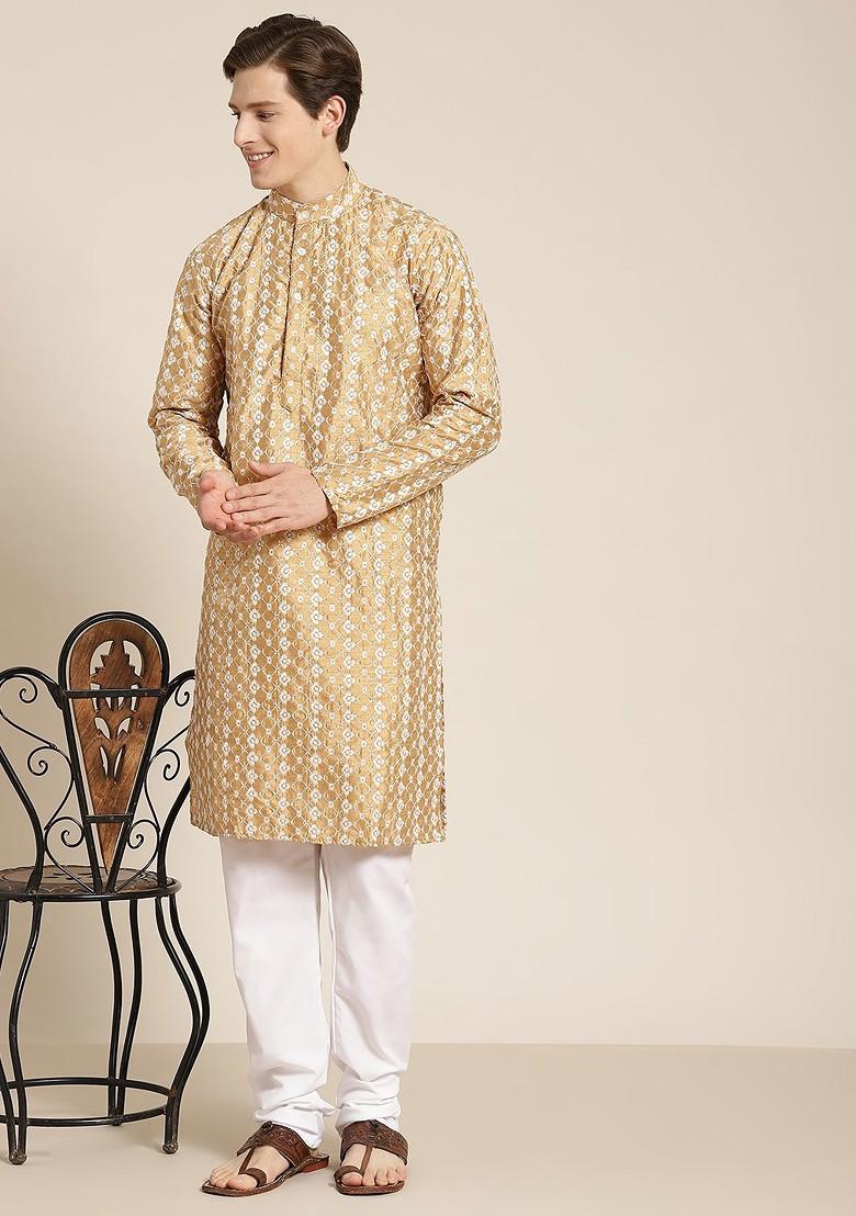 Gold Embroidered Poly Blend Kurta Set For Men