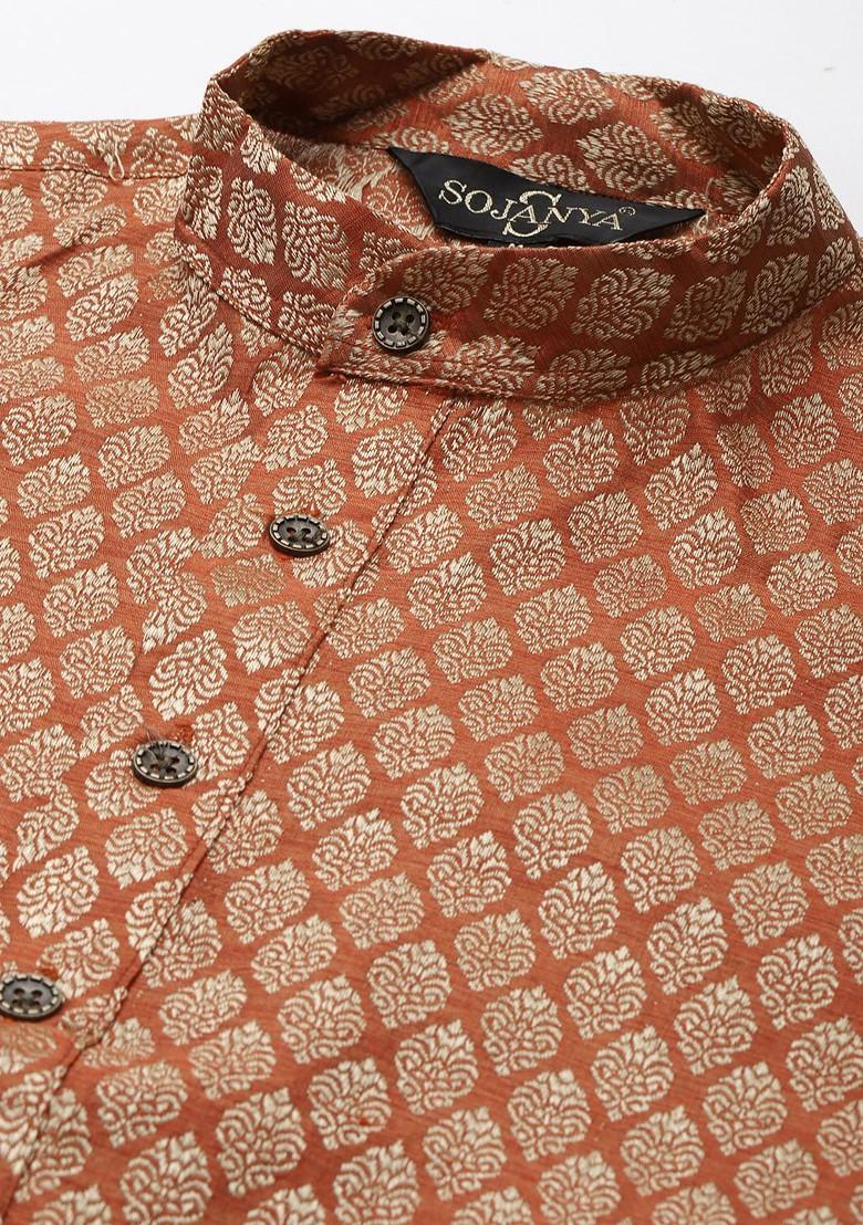 Orange Ethnic Motifs Poly Blend Kurta Set For Men