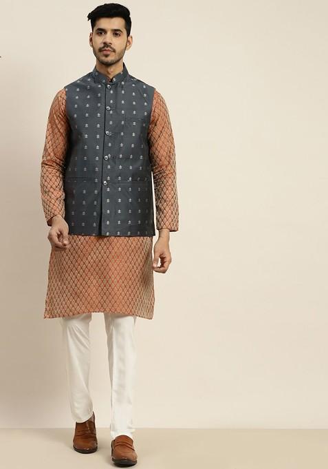 Orange Ethnic Motifs Poly Blend Kurta Set For Men