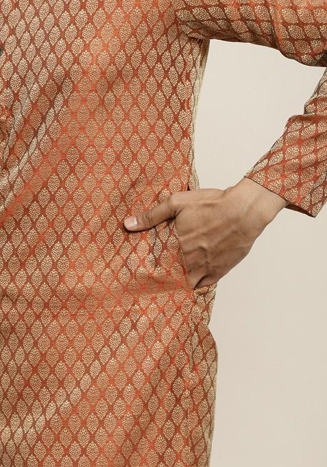 Orange Ethnic Motifs Poly Blend Kurta Set For Men