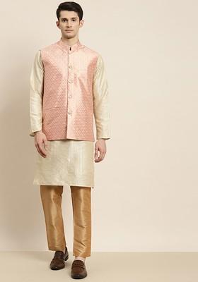 Beige Striped Poly Blend Kurta Set For Men