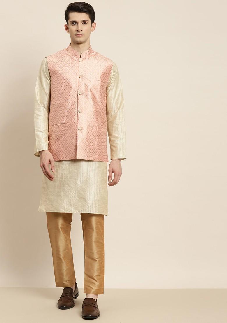 Beige Striped Poly Blend Kurta Set For Men