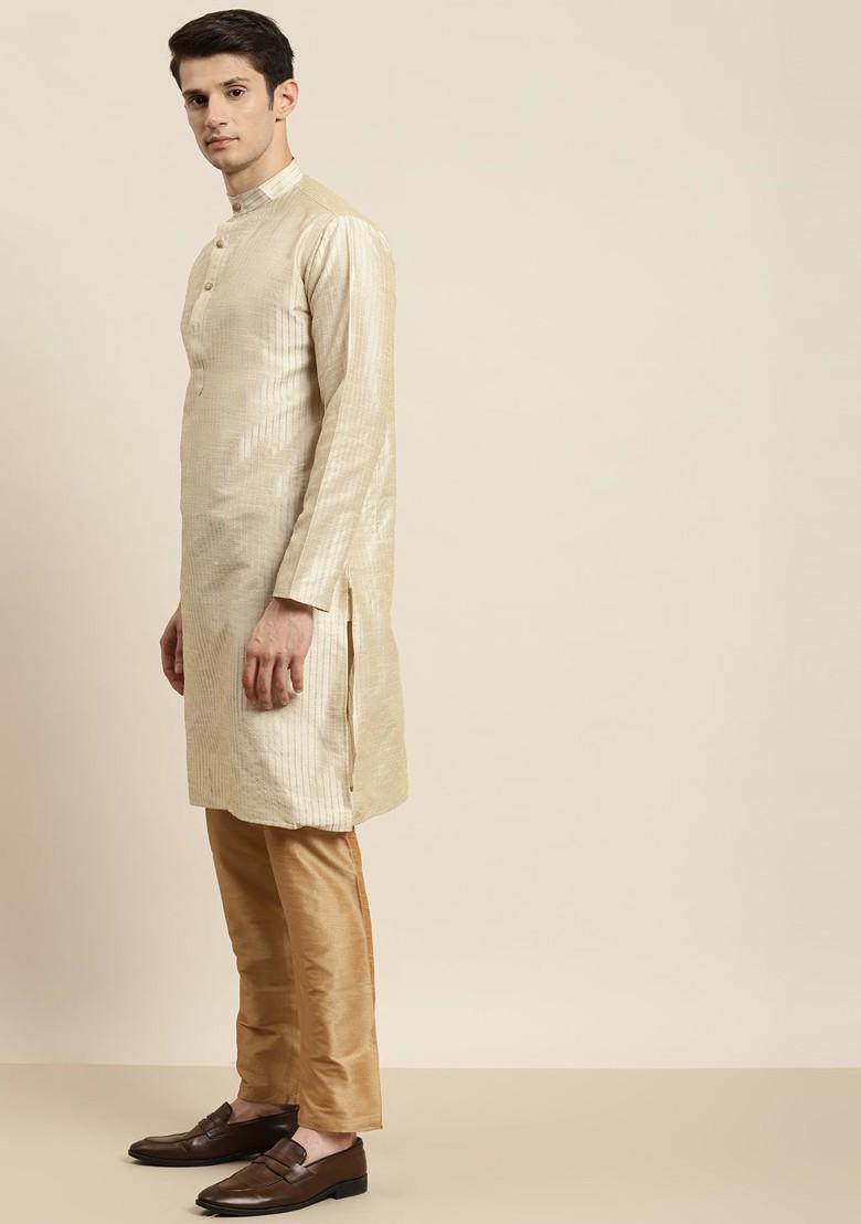 Beige Striped Poly Blend Kurta Set For Men