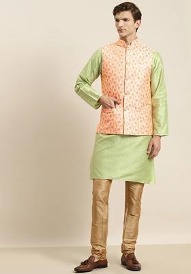 Green Striped Poly Blend Kurta Set For Men