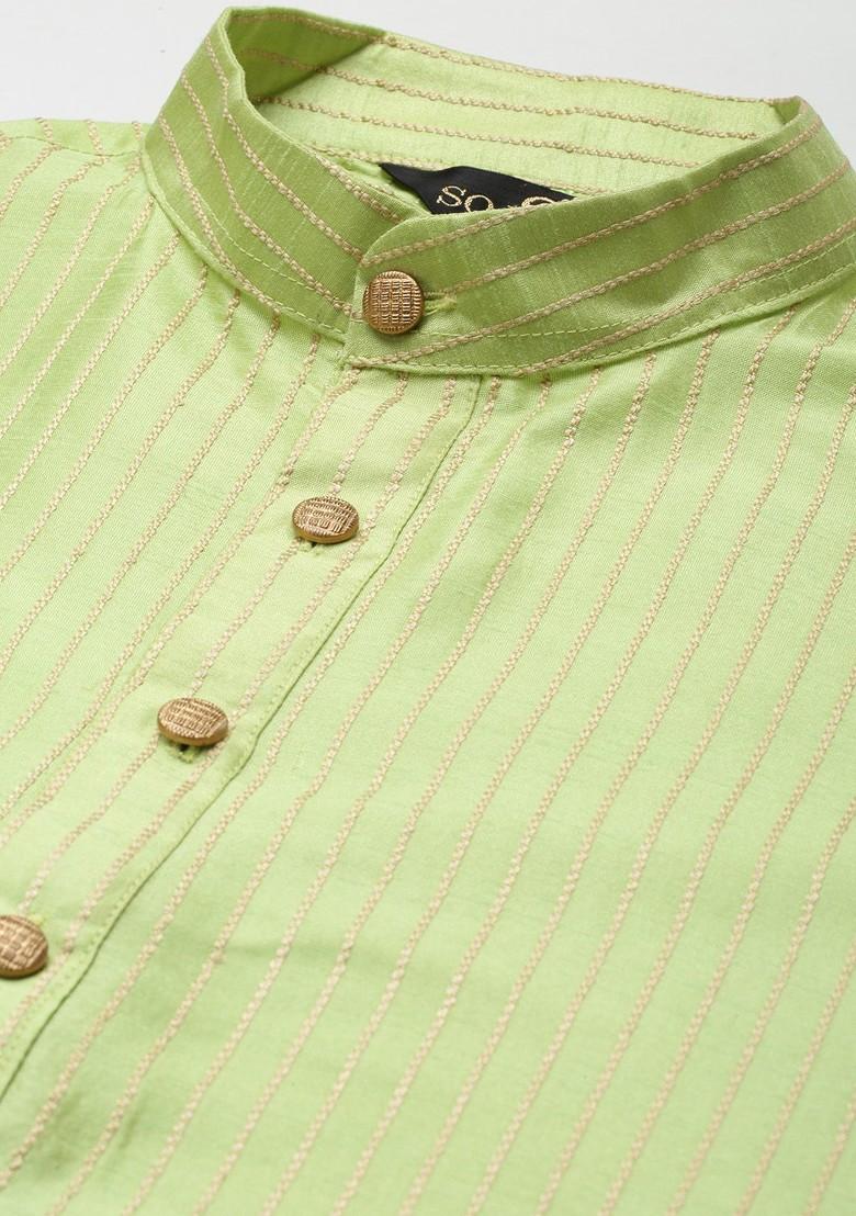 Green Striped Poly Blend Kurta Set For Men