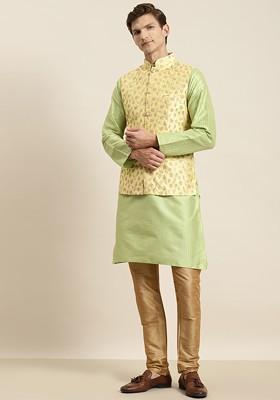 Green Striped Poly Blend Kurta Set For Men