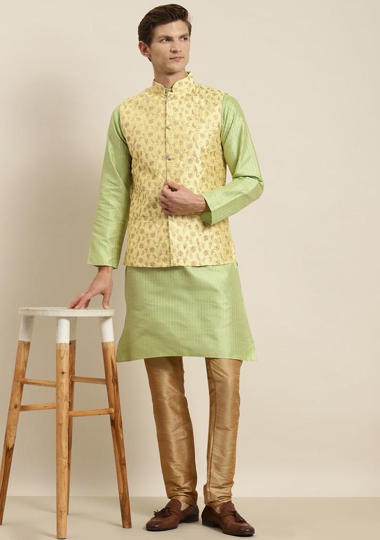 Green Striped Poly Blend Kurta Set For Men
