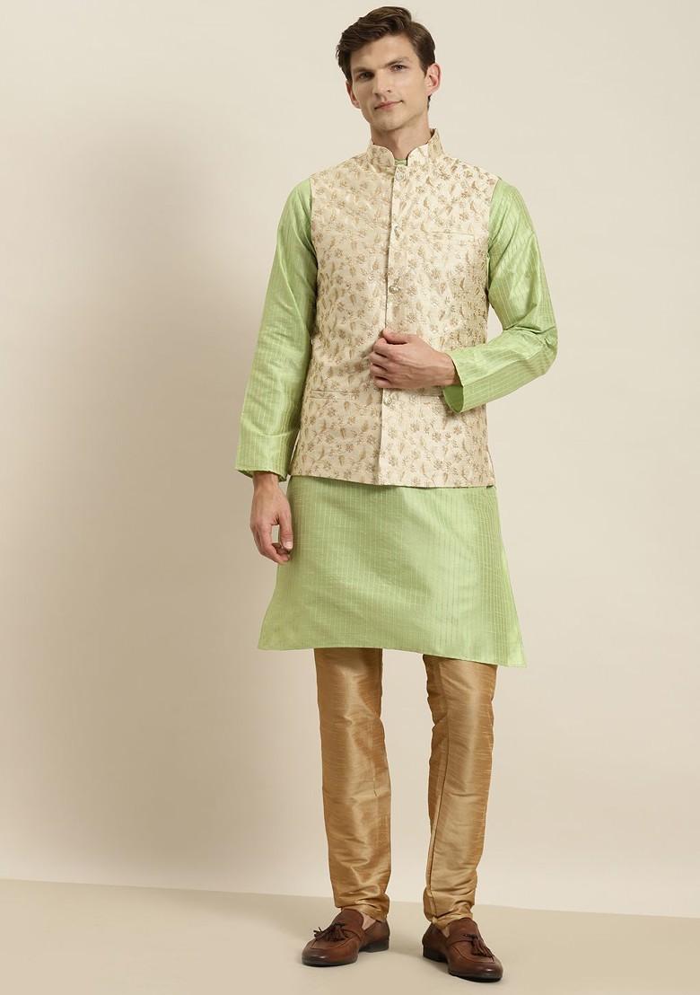 Green Striped Poly Blend Kurta Set For Men