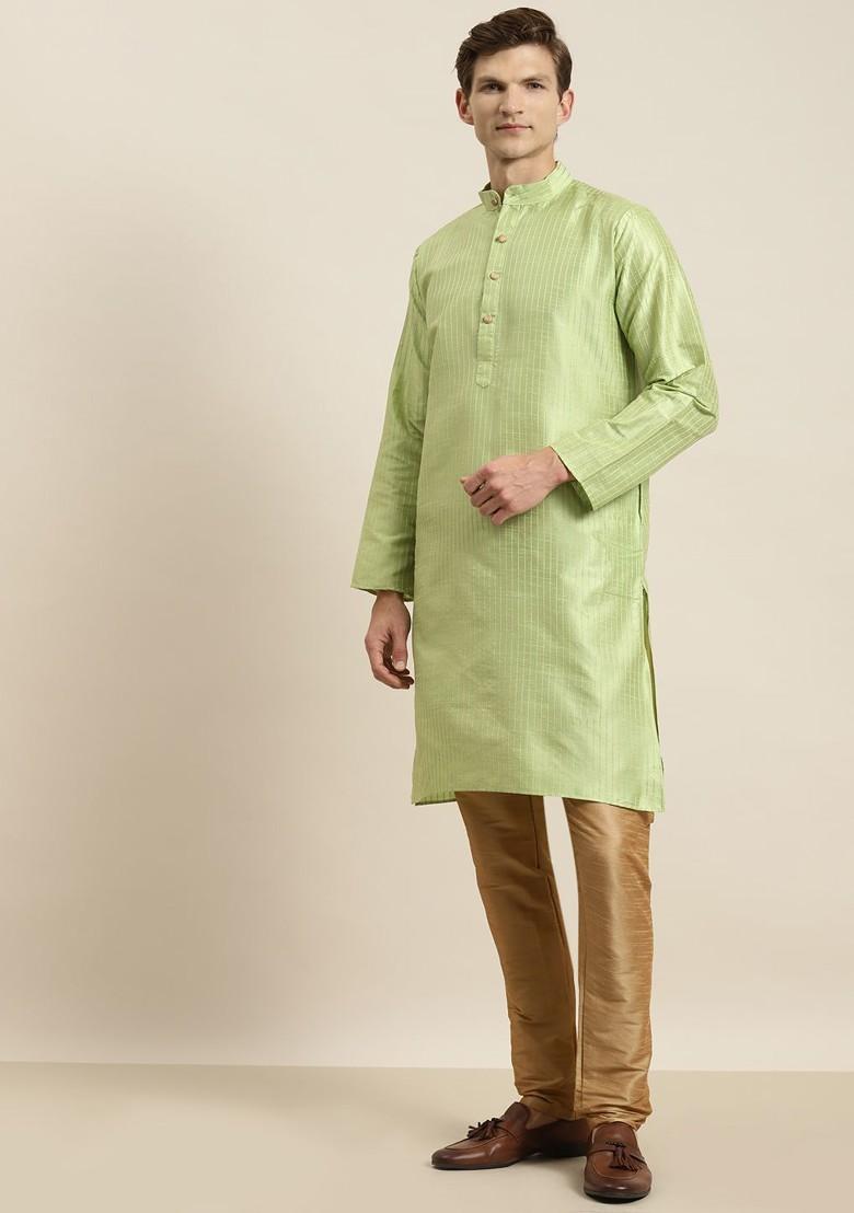 Green Striped Poly Blend Kurta Set For Men