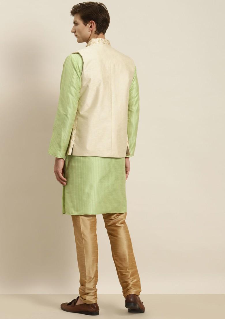 Green Striped Poly Blend Kurta Set For Men