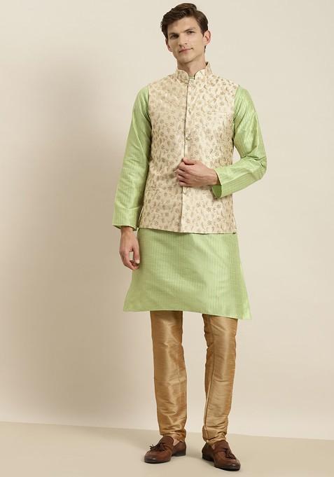 Green Striped Poly Blend Kurta Set For Men