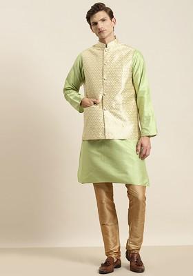 Green Striped Poly Blend Kurta Set For Men