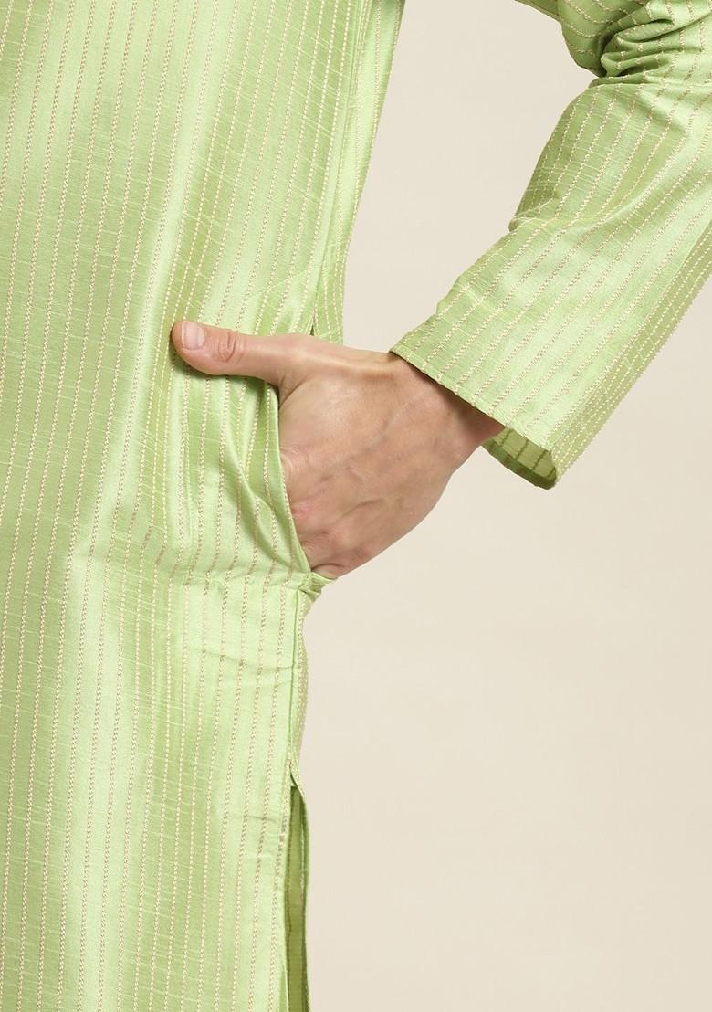 Green Striped Poly Blend Kurta Set For Men