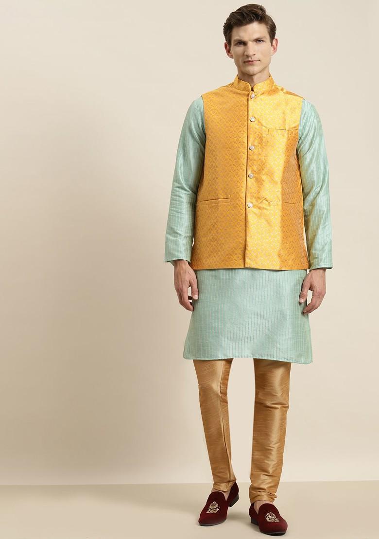 Sea Green Striped Poly Blend Kurta Set For Men