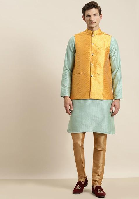 Sea Green Striped Poly Blend Kurta Set For Men