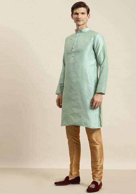 Sea Green Striped Poly Blend Kurta Set For Men