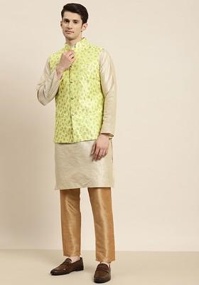 Beige Striped Poly Blend Kurta Set For Men