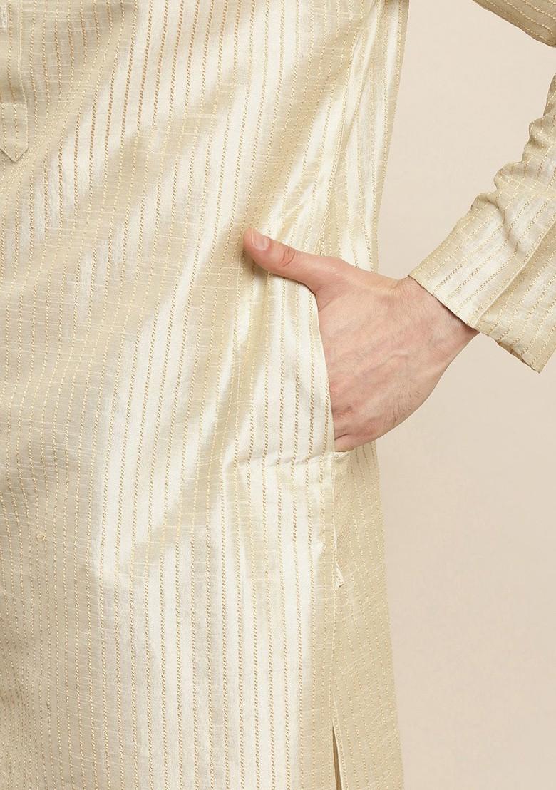 Beige Striped Poly Blend Kurta Set For Men