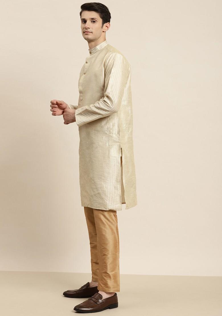 Beige Striped Poly Blend Kurta Set For Men