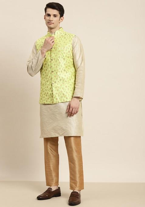 Beige Striped Poly Blend Kurta Set For Men — view on Indya