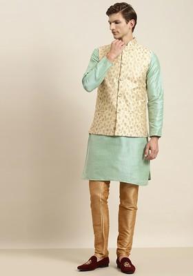 Sea Green Striped Poly Blend Kurta Set For Men