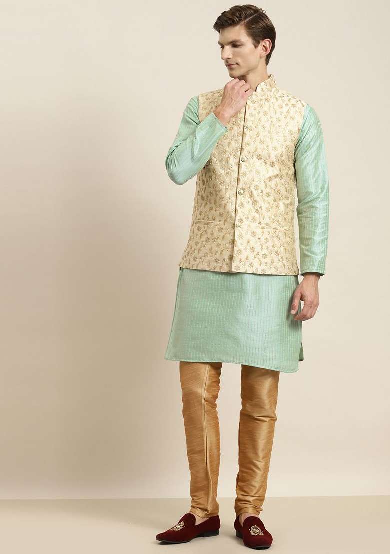 Sea Green Striped Poly Blend Kurta Set For Men - Indya