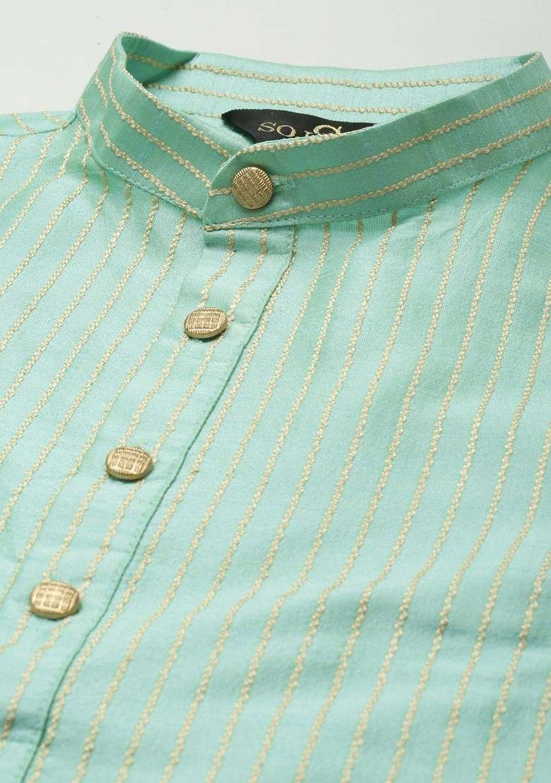 Sea Green Striped Poly Blend Kurta Set For Men - Indya