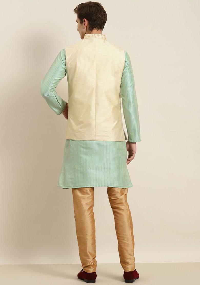 Sea Green Striped Poly Blend Kurta Set For Men