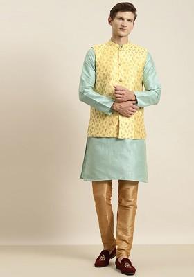 Sea Green Striped Poly Blend Kurta Set For Men
