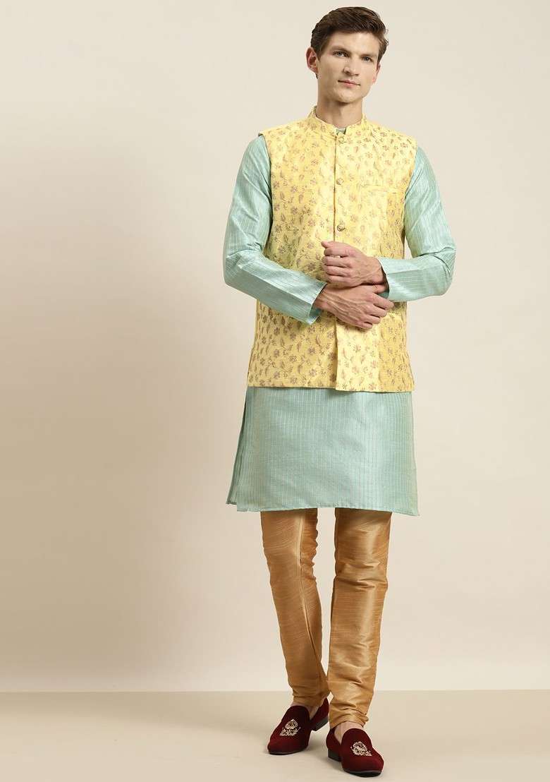 Sea Green Striped Poly Blend Kurta Set For Men - Indya