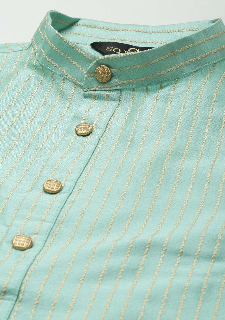 Sea Green Striped Poly Blend Kurta Set For Men - Indya