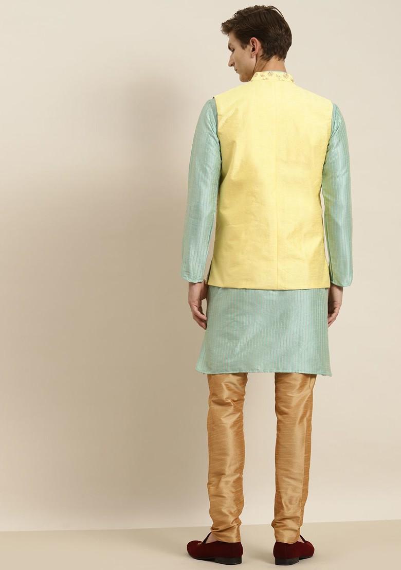 Sea Green Striped Poly Blend Kurta Set For Men