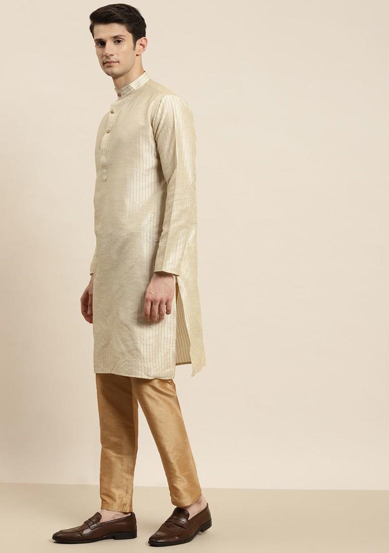 Cream Solid Poly Blend Kurta Set For Men