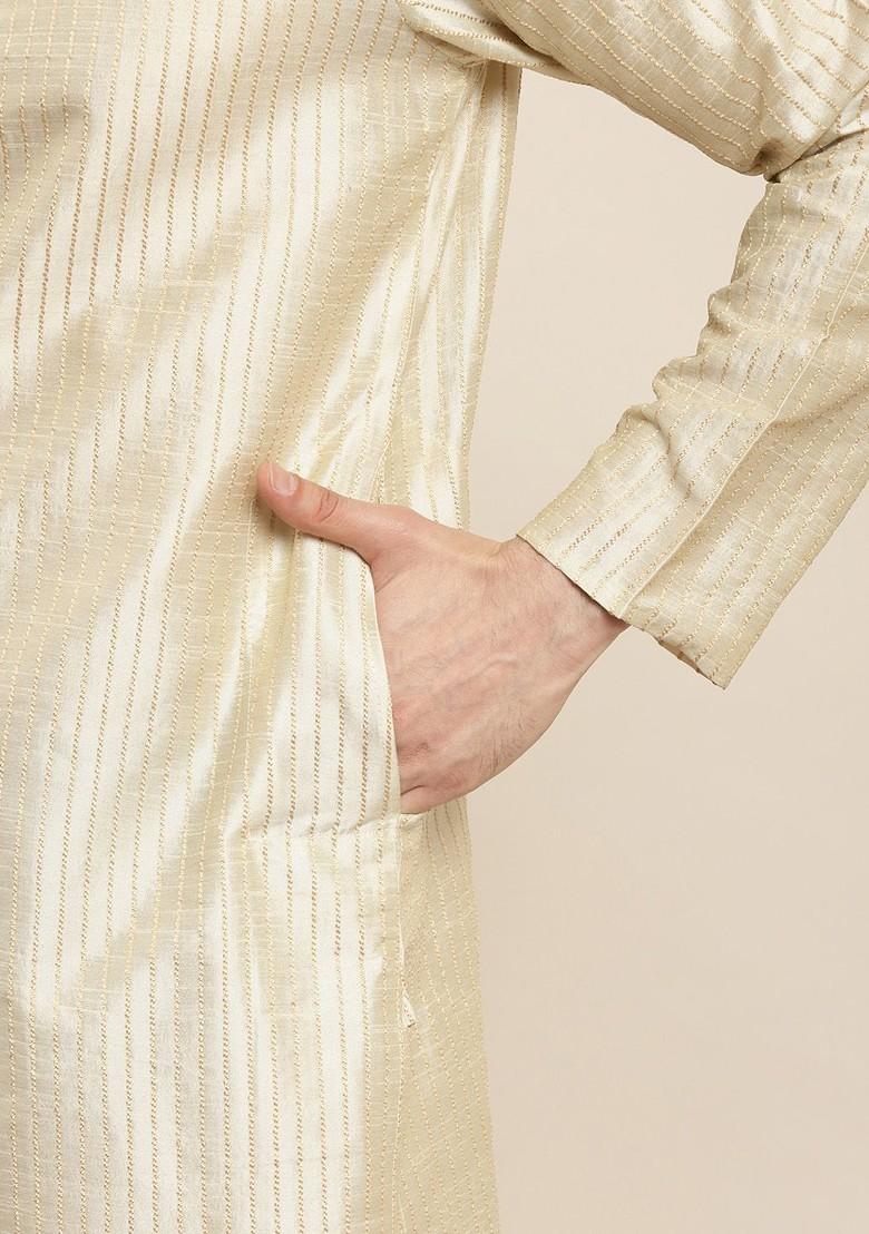 Cream Solid Poly Blend Kurta Set For Men