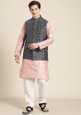 Pink Striped Poly Blend Kurta Set For Men