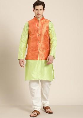 Green Striped Poly Blend Kurta Set For Men