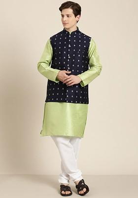 Green Thread Work Poly Blend Kurta Set For Men