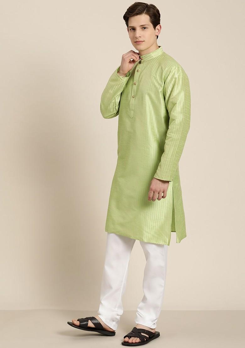 Green Thread Work Poly Blend Kurta Set For Men