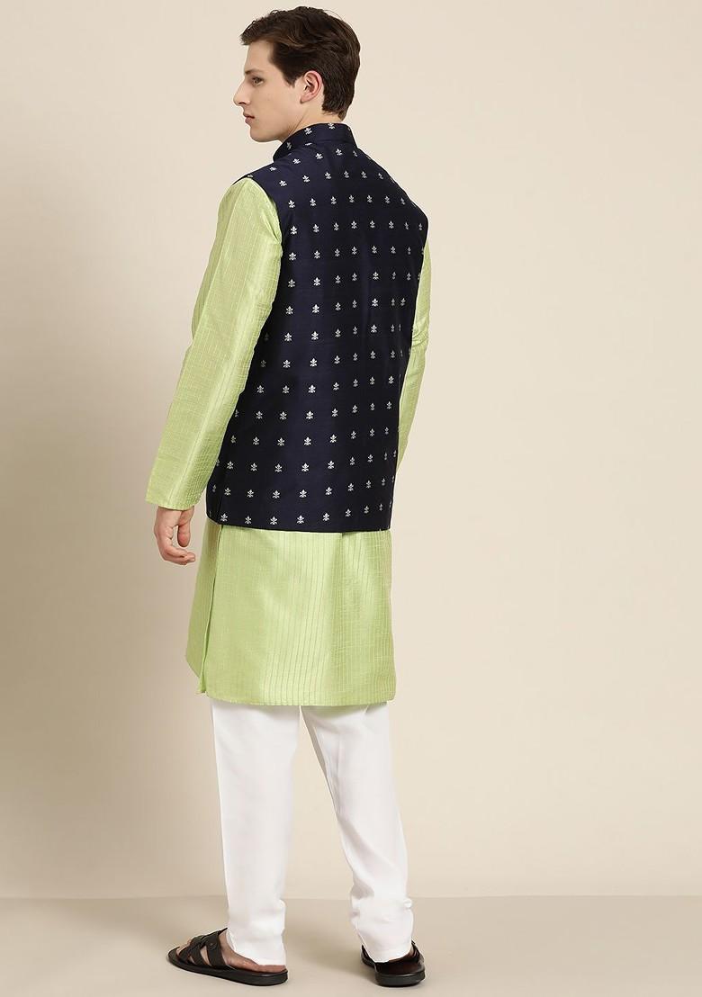 Green Thread Work Poly Blend Kurta Set For Men